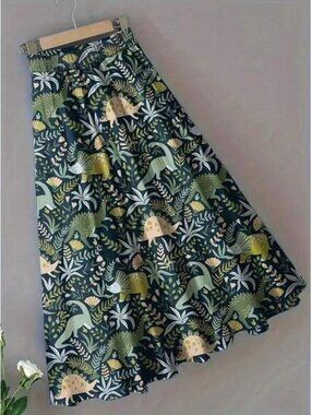 Women's Casual Dinosaur & Plant Print A-Line Skirt, Spring/Summer Vacation